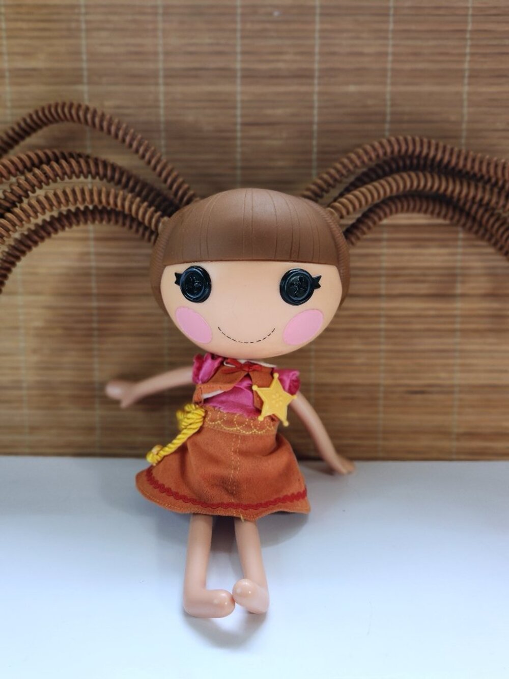 2010 MGA Lalaloopsy Doll Brown Hair Orange Dress Cute Collectible Button Eyes